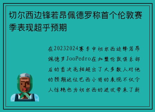 切尔西边锋若昂佩德罗称首个伦敦赛季表现超乎预期 切尔西边锋若昂佩德罗称首个伦敦赛季表现超乎预期
